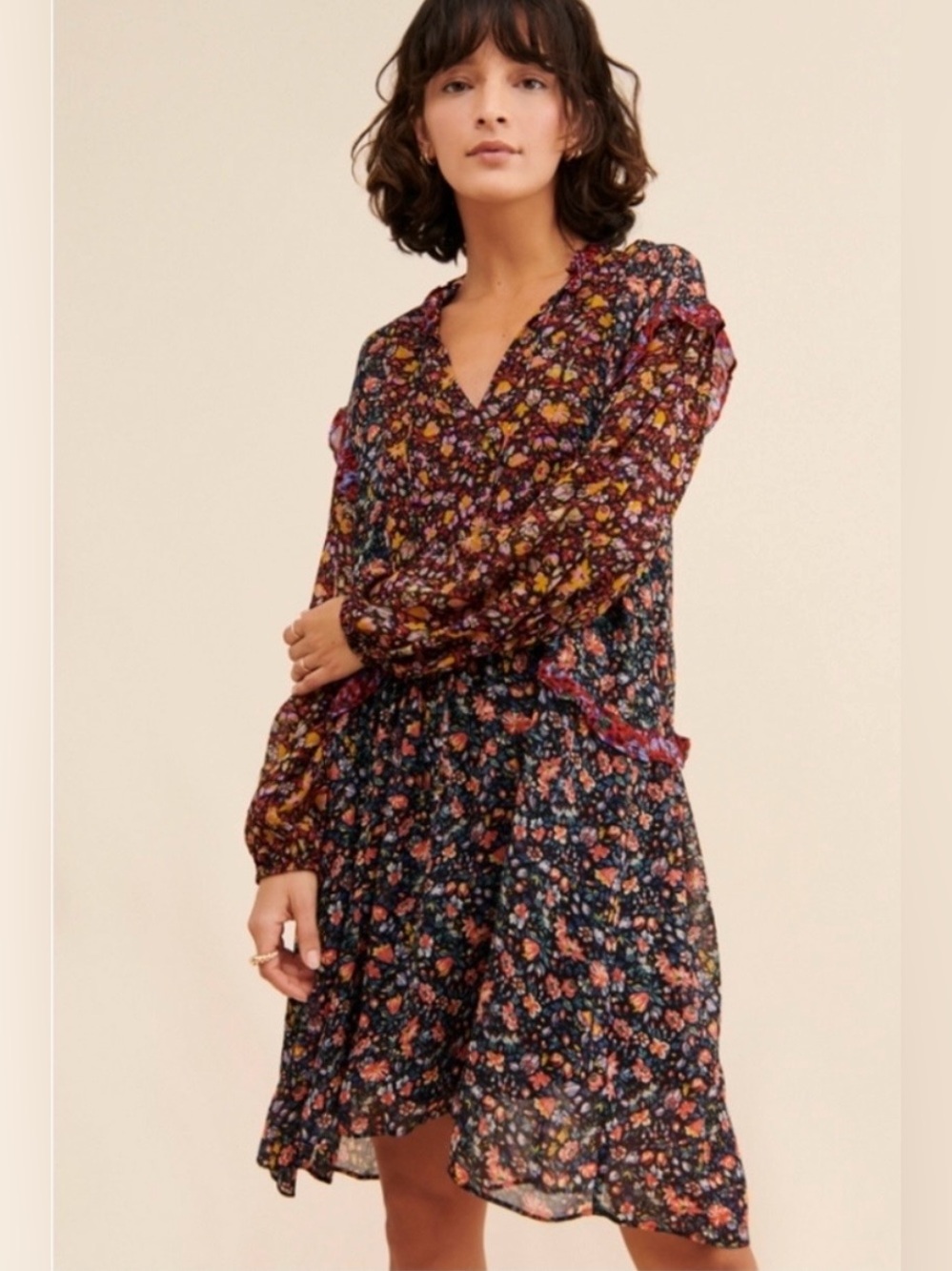 Anthropologie Helene Tunic Dress size L Floral Patchwork Bohemian